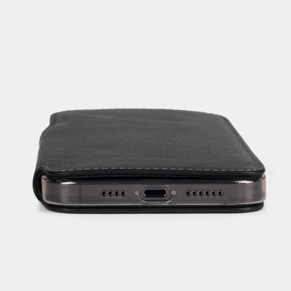 Чехол для iPhone 15 Pro Max из гладкой кожи теленка, черного цвета