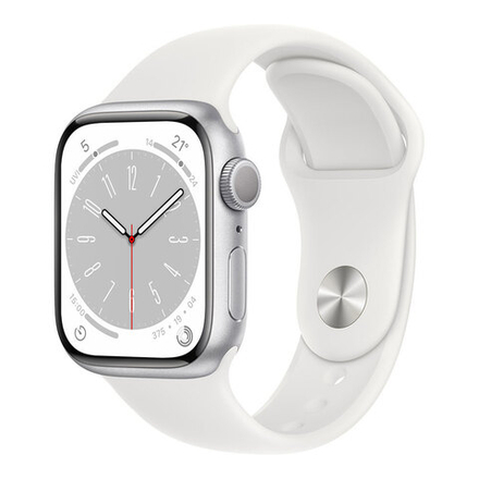 Apple Watch Series 8, 41 мм, Умные часы Корпус из алюминия Серебристого цвета, спортивный ремешок Белого цвета (MP6K3)