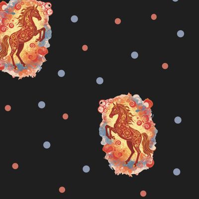 Стильный огненный конь стоит на задних ногах на черном фоне