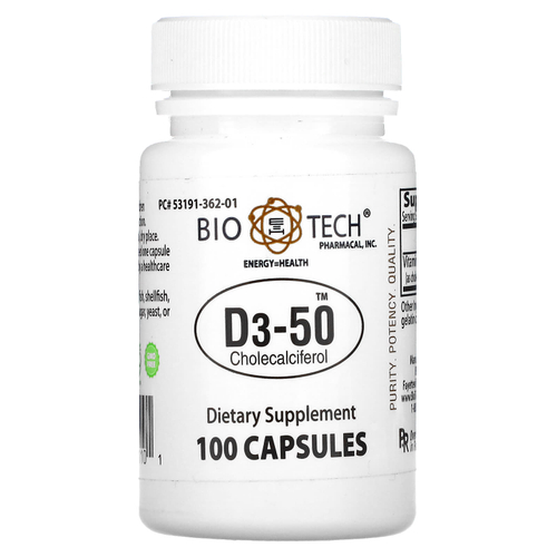 Bio Tech Pharmacal, D3-50, холекальциферол, 100 капсул