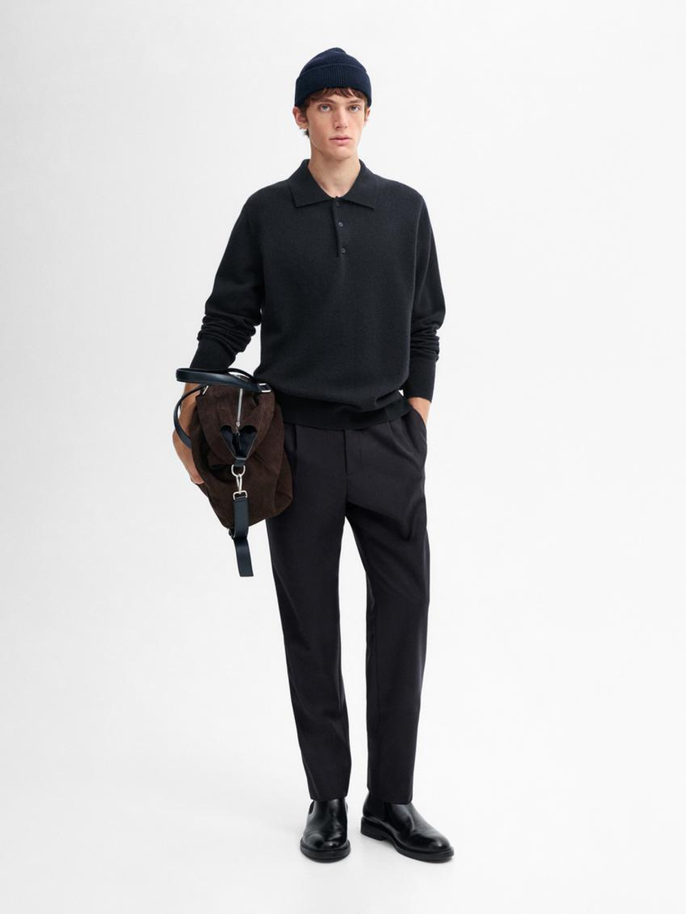 Massimo Dutti Свитер с воротником-поло из смесовой шерсти, темно-синий