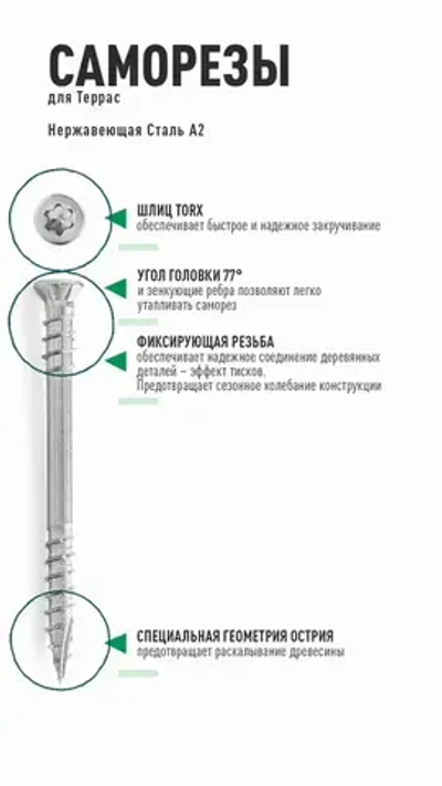Саморез по дереву Gwozdeck HR Для террасной доски потайной 5,0*80 Нерж. Сталь А2 Torx25 Упаковка 100 шт