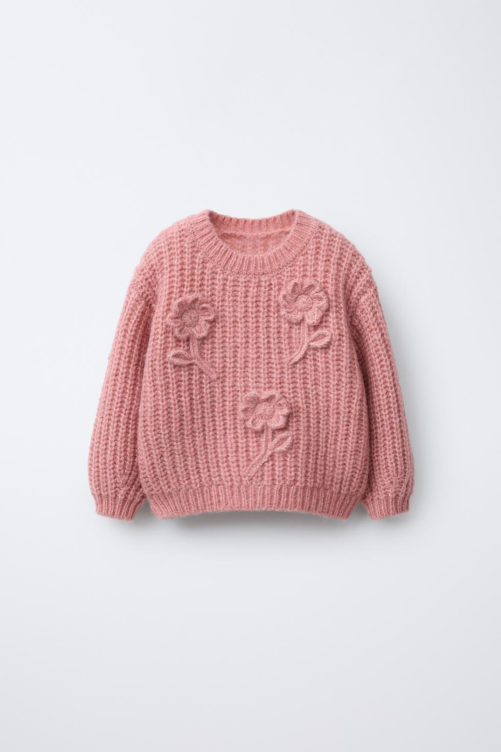 ZARA ВЯЗАНЫЙ СВИТЕР С ВЫШИТЫМИ ЦВЕТАМИ, КОРАЛЛОВО-РОЗОВЫЙ