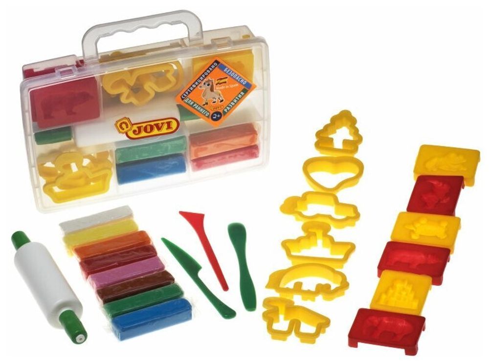 Пластилин JOVI (Испания), набор, 8 цветов, 200 г, 12 форм, 3 стека, скалка, пластиковый чемодан, 230