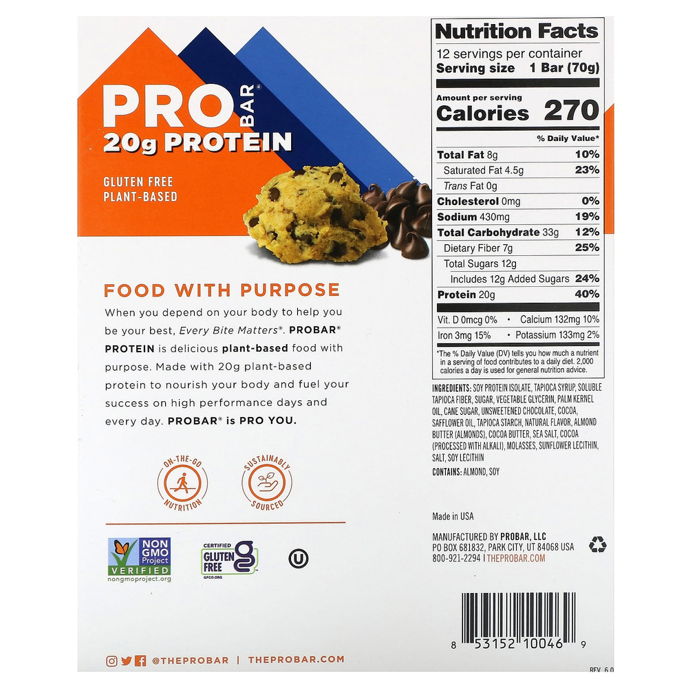 ProBar, Протеиновый батончик, со вкусом шоколадного печенья, 12 батончиков, 70 г (2,47 унции) каждый