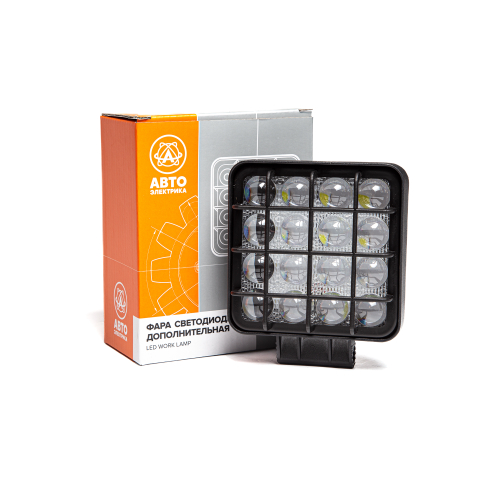 Фара светодиодная дополнительная, квадратная 120*70*150, направленный свет, 16 диодов, 5D-линза, с решеткой,  крепление по центру, 48 Вт, 10-30 В