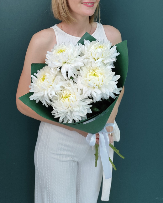 Букет одноголовой хризантемы белая,5 веток(00342)