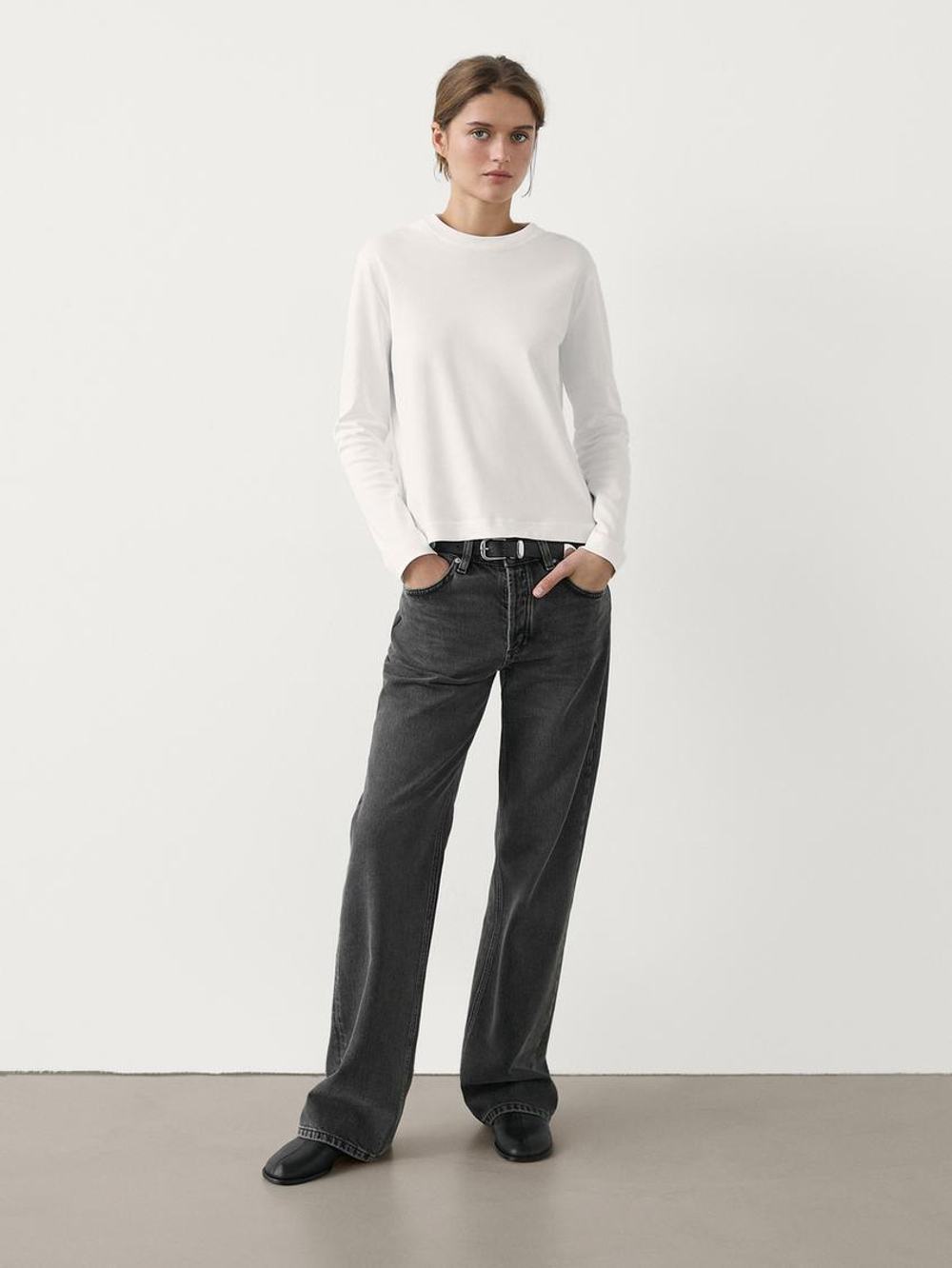 Massimo Dutti Футболка из хлопка с длинными рукавами, натуральный, кремовый