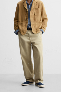 ZARA БРЮКИ ЧИНОС С ПРИНТОМ В ВИДЕ БРЫЗГ КРАСКИ, БЕЖЕВЫЙ