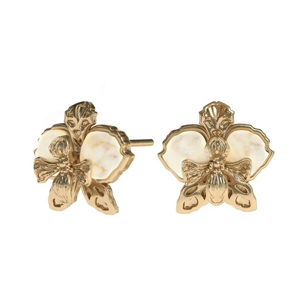 Серьги Орхидея с молочным янтарем, позолота