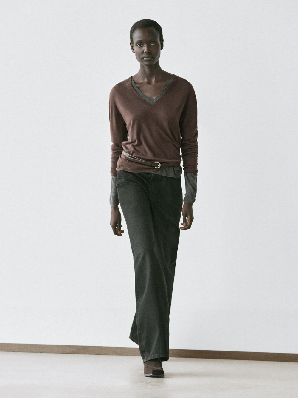 Massimo Dutti Вязаный свитер из смеси шелка и шерсти, коричневый