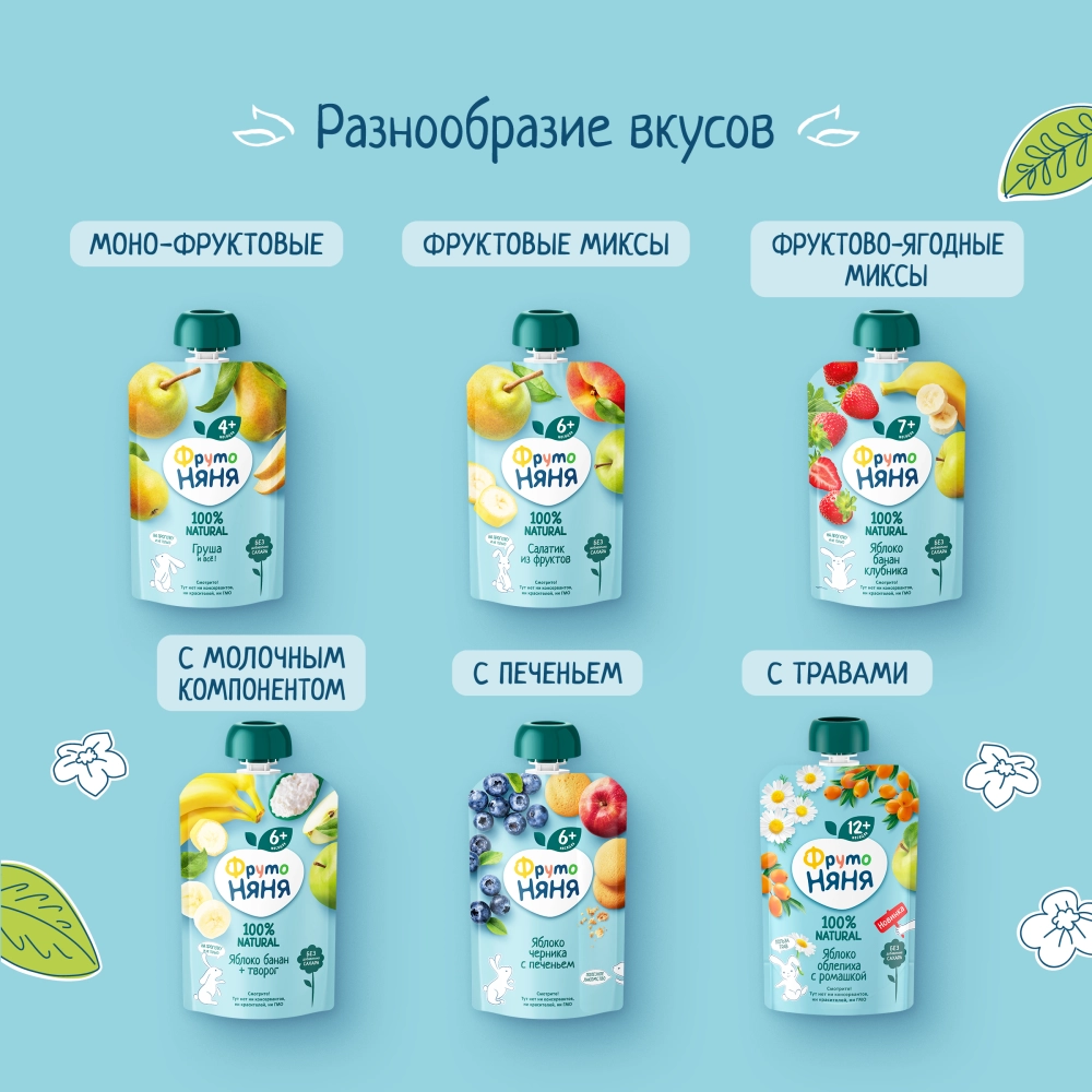 Фрутоняня пауч пюре из яблок, малины и творога 90г с 6 месяцев