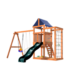 Детская площадка с сеткой стенкой для лазания, качелями 3 в 1 и плетенным креслом
