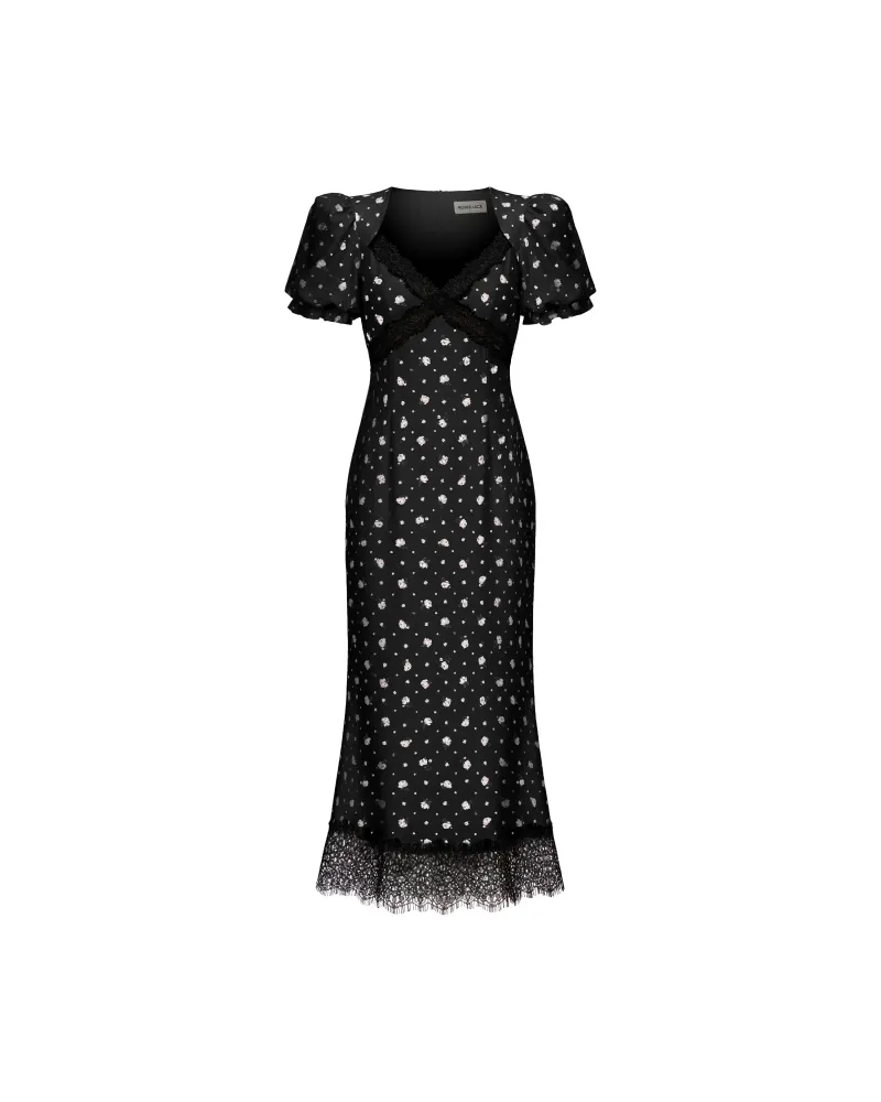 Пенни миди (Penny midi), платье миди из черного крепдешина с цветочным принтом