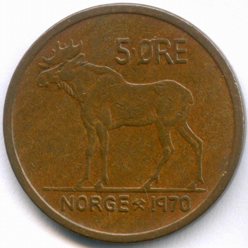 5 эре 1970 год. Норвегия (Улаф V). Лось. Бронза, диаметр 27 мм. VF-XF
