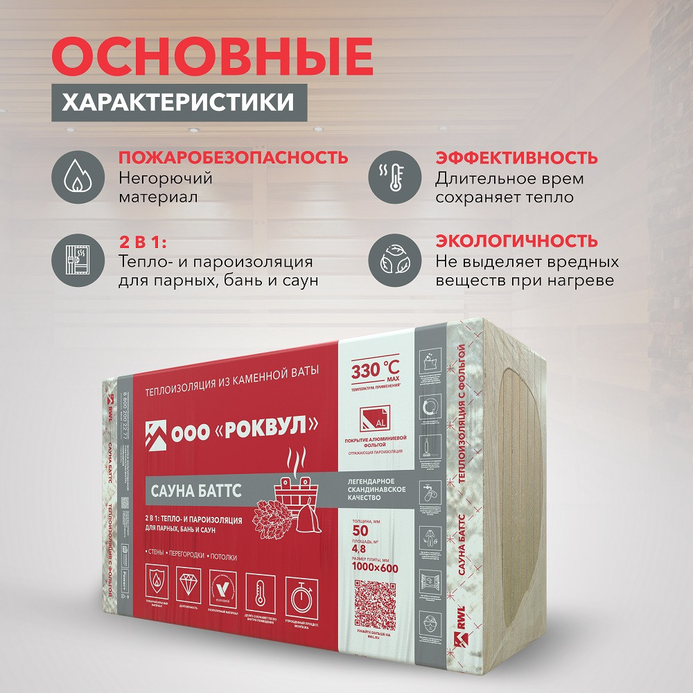 Базальтовая вата Роквул Сауна Баттс 1000х600х50 мм 8 плит в упаковке