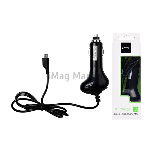 Автомобильное зарядное устройство Activ, 5W, 1A, встроенный кабель micro-USB, 1 м, черный