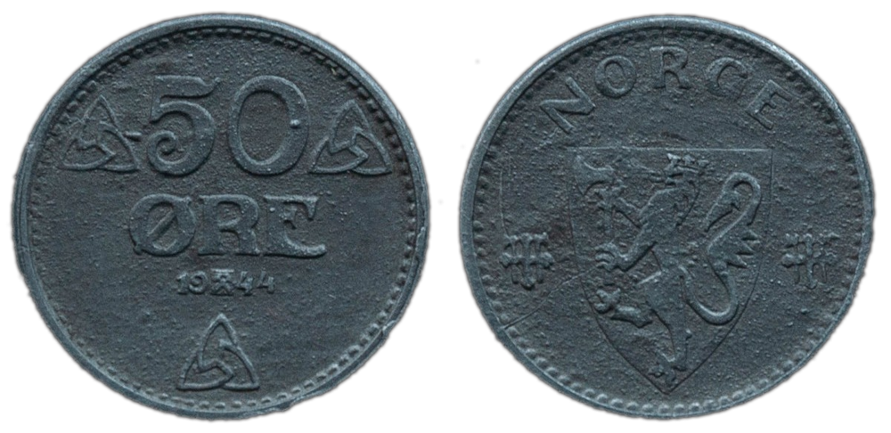 Норвегия 50 эре, 1941 - 1945 Король Хокон VII XF