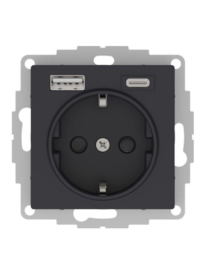 Розетка AtlasDesign 16А с 2-мя заряд. устройствами USB тип A+C 5В/2.4А 2х5В/1.2А механизм карбон SE ATN001032