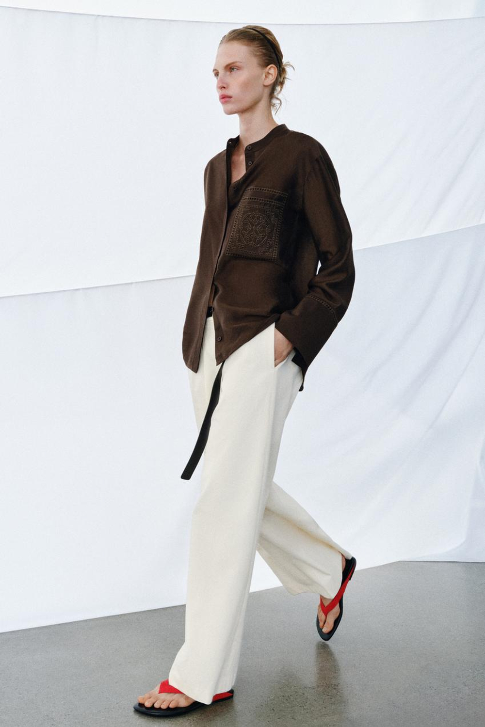 ZARA РУБАШКА С КАРМАНОМ И ВЫШИВКОЙ — ZW COLLECTION, КОРИЧНЕВЫЙ