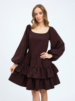 Платье праздничное ярусное с воланами для девочки коричневое