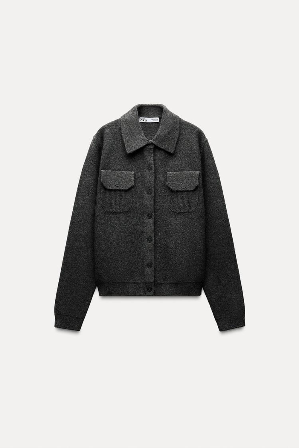 ZARA ОДНОТОННЫЙ КАРДИГАН С ВОРОТНИКОМ ПОЛО, МАРЕНГО С МЕЛАНЖЕВЫМ ЭФФЕКТОМ