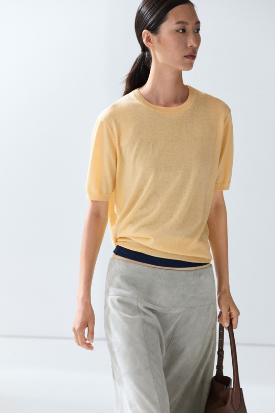 Massimo Dutti Тонкий шерстяной джемпер с короткими рукавами, желтый
