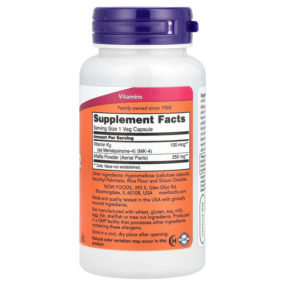 NOW Foods, Витамин K2, 100 мкг, 100 растительных капсул