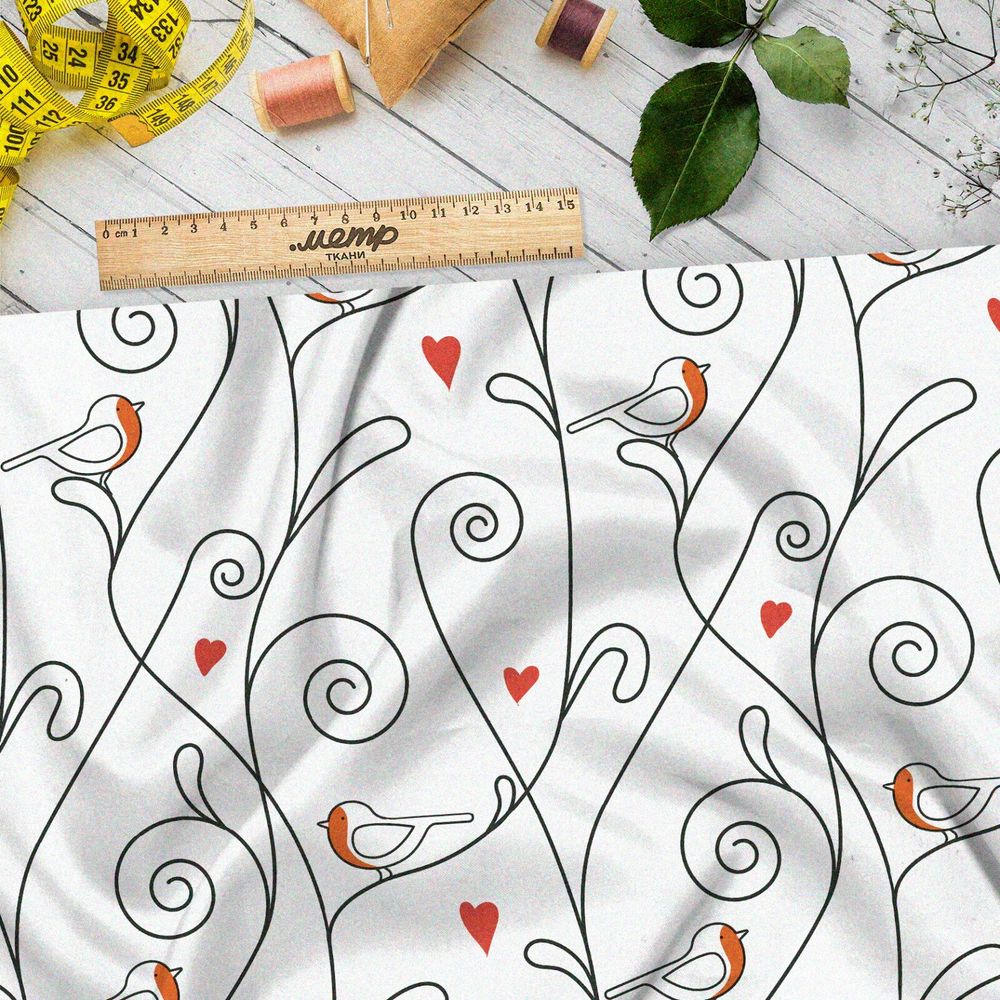 Ткань поплин снегири и завитки на белом фоне
