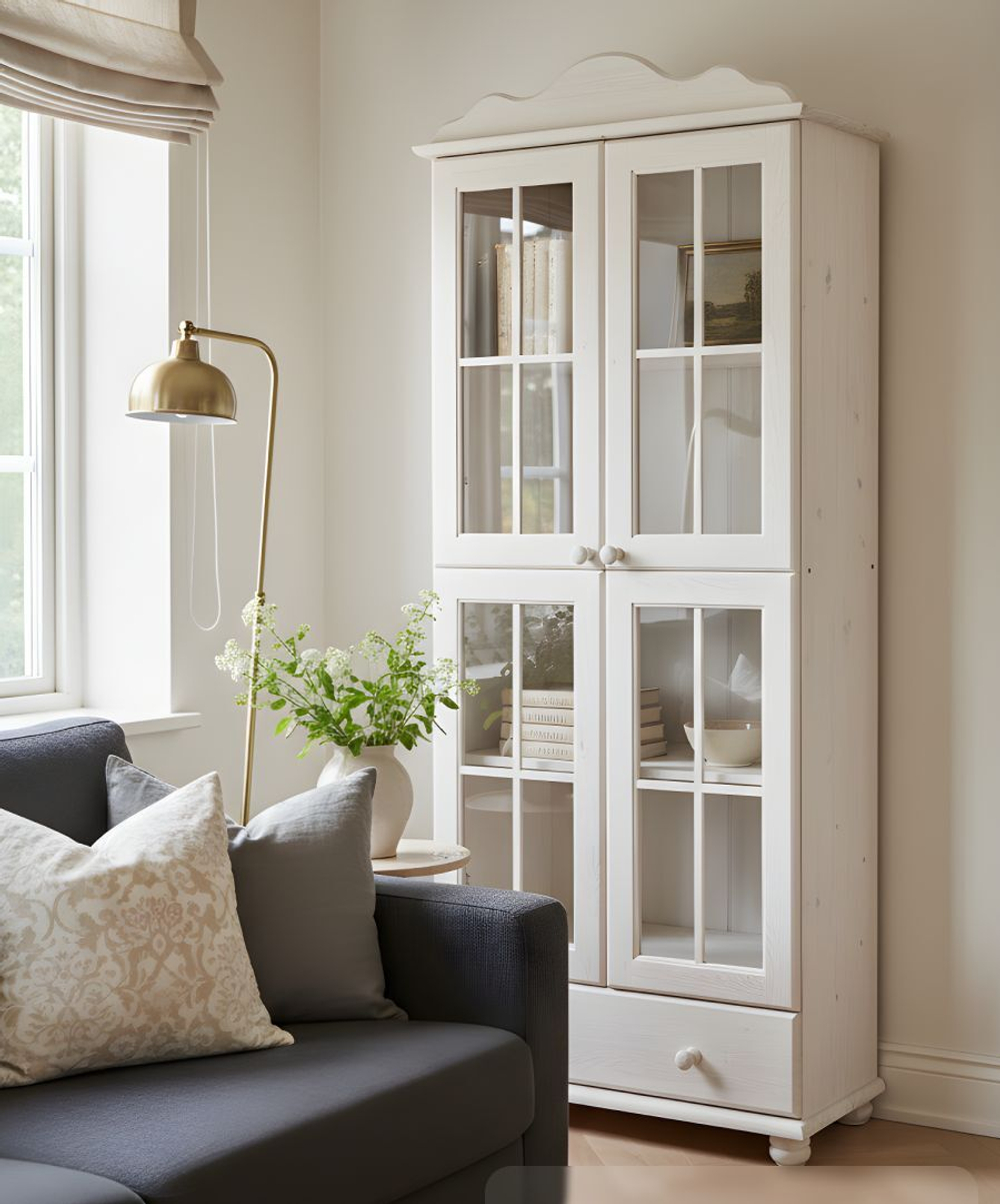 Шкаф-витрина Бритта двухдверная, с полками, массив сосны, белый воск