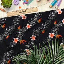 Ткань блэкаут белые водоросли с цветком и кленовым листом