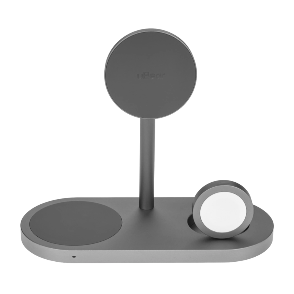 Зарядная станция MagSafe uBear Stage Ultra для iPhone, Apple Watch и AirPods (Qi2) Беспроводная зарядка: Qi 15 Вт, Qi 5 Вт, магнитное крепление для быстрой зарядки Apple Watch (Qi 5 Вт). Проводная зарядка: нет. Сертификация Qi2. Есть LED-индикация