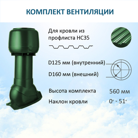 Комплект вентиляции: Вентиляционный выход изолированный D125/160 утепленный высота H=500 мм, проходной элемент PROF-35 для металлопрофиля кровельного профнастила 35мм, колпак вентиляционный D160 мм, зеленый