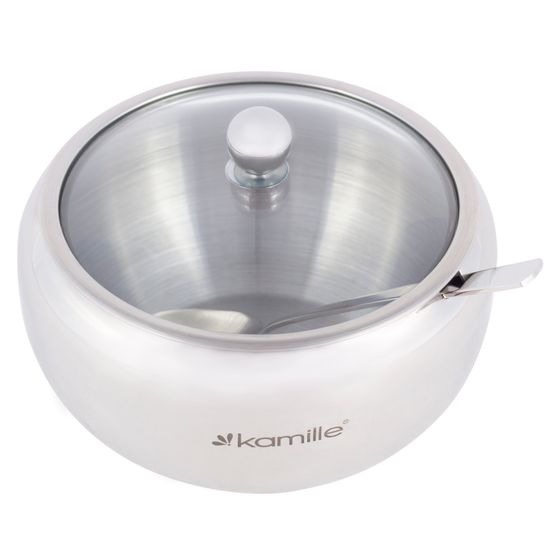 Сахарница 560 мл. из нержавеющей стали Kamille KM-7003 с ложечкой и стеклянной крышкой