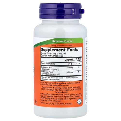 NOW Foods, эхинацея и корень желтокорня, 100 растительных капсул