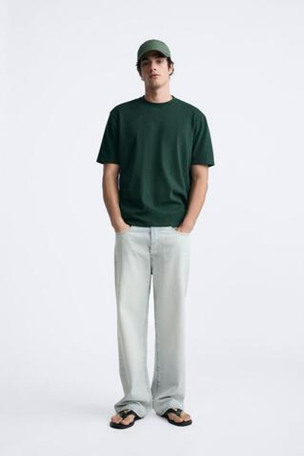 ZARA ФУТБОЛКА MEDIUM WEIGHT, ТЕМНО-ЗЕЛЕНЫЙ