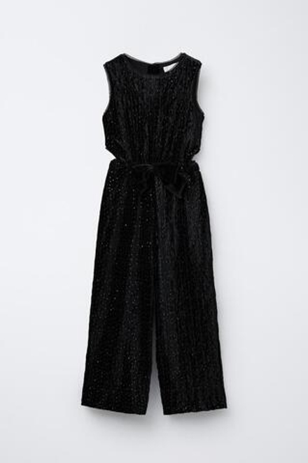 ZARA ДЛИННЫЙ БАРХАТНЫЙ КОМБИНЕЗОН С БЛЁСТКАМИ, ЧЕРНЫЙ