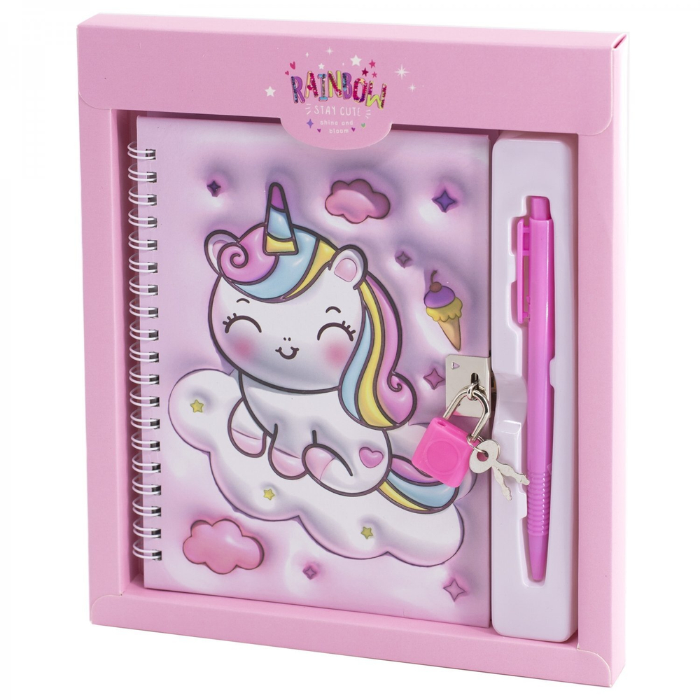 Блокнот в футляре, 19,5 см * 22,5 см, гребень, Alingar, ламинация, эффект 3D, ручка, замочек, клетка, 45 л., "Малыш-единорог", розовый