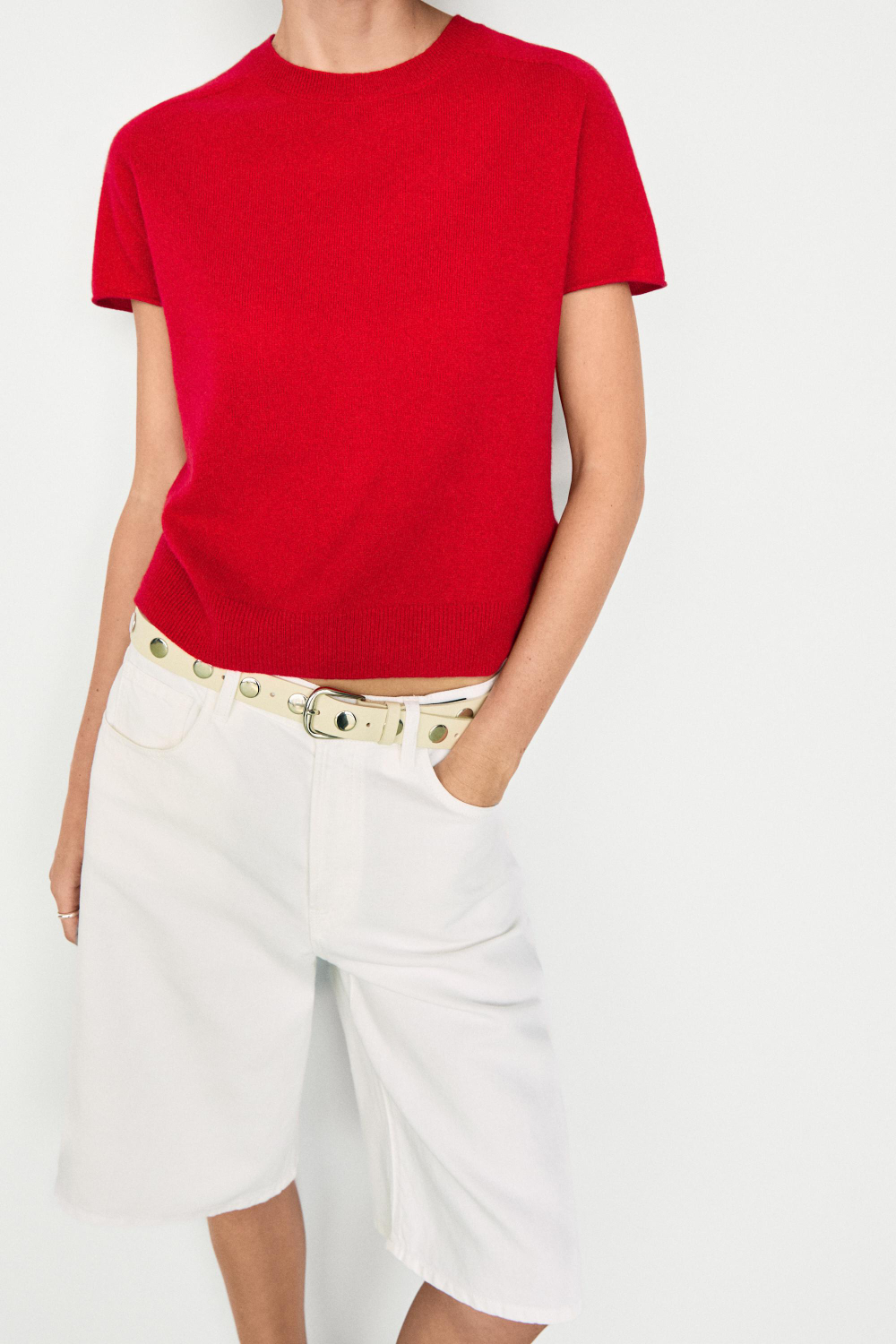 Massimo Dutti Свитер из 100% кашемира с короткими рукавами, красный