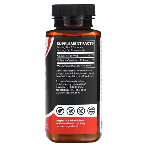 LifeSeasons, N-ацетилцистеин, 60 растительных капсул (375 мг на капсулу)