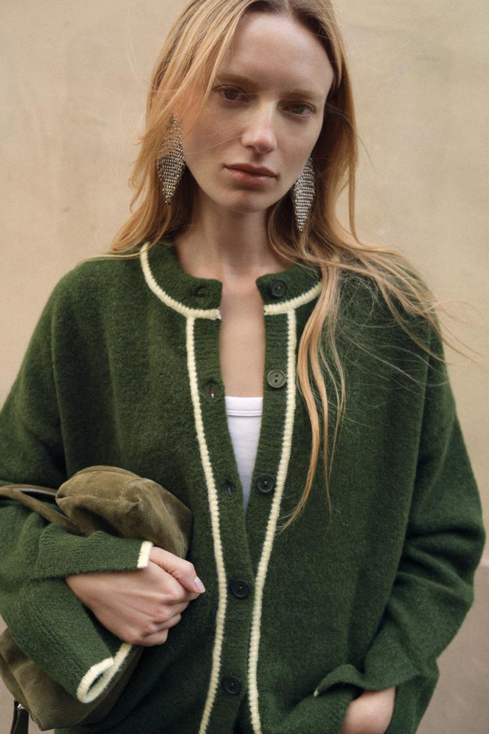 ZARА ВЯЗАНЫЙ КАРДИГАН С КОНТРАСТНЫМИ ПОЛОСАМИ, ЗЕЛЕНЫЙ