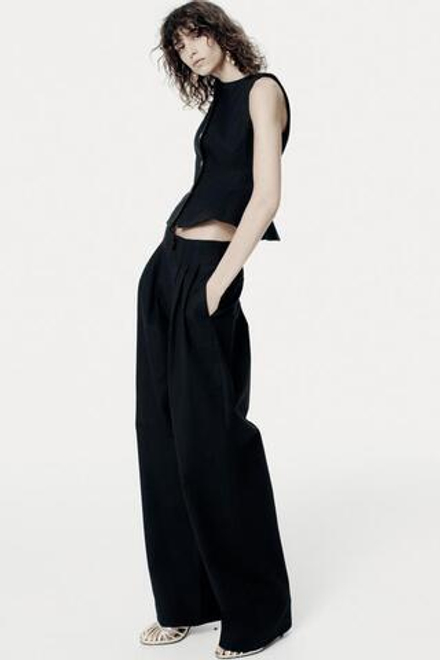 ZARA БРЮКИ С ЗАЩИПАМИ — ZW COLLECTION, ЧЕРНЫЙ