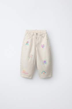 ZARA БРЮКИ BARREL ИЗ САРЖИ С ВЫШИВКОЙ, ЭКРЮ