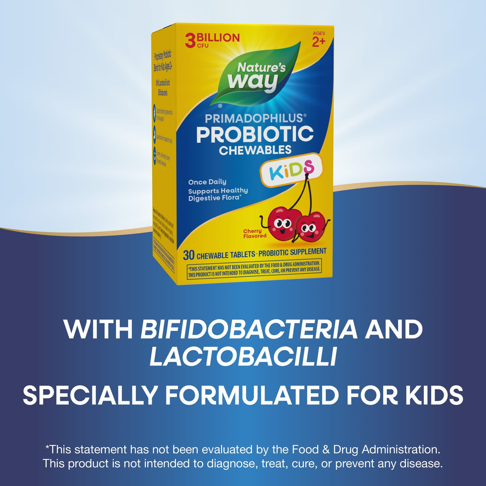 Nature's Way, Primadophilus®, жевательные пробиотики, для детей от 2 лет, с вишнёвым вкусом, 3 млрд КОЕ, 30 жевательных таблеток