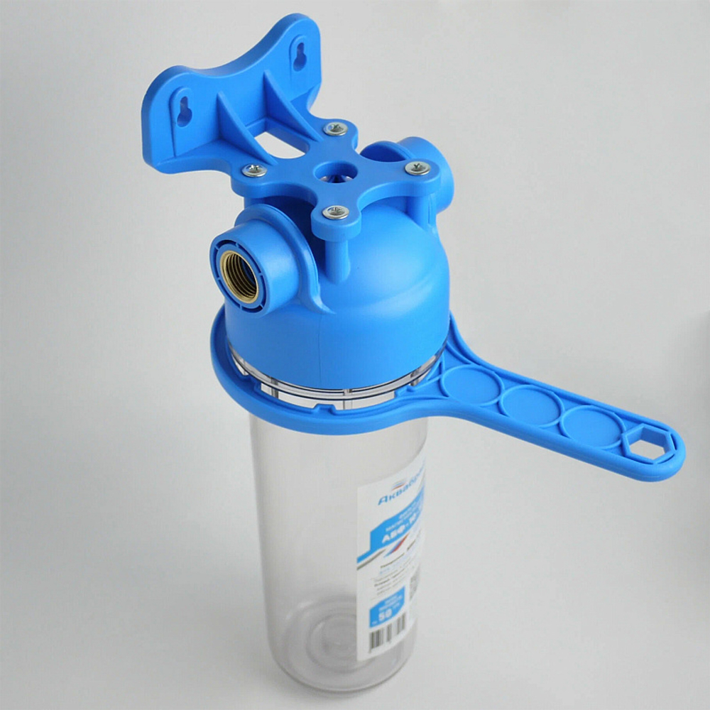 Фильтр для воды АКВАБРАЙТ магистральный, 3/4", прозрачный корпус, Slim Line 10, в комплекте кронштейн и ключ (АБФ-10-34)