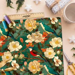 Ткань премиум габардин птахи в цветущем саду