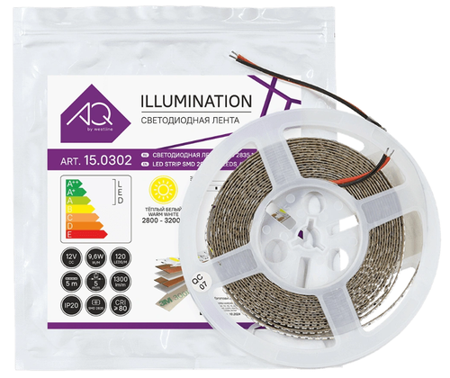 Лента светодиодная 2835, 120 LED/м, 12V, 9,6W/м, 5 мм, IP20, теплый белый, AQ (15.0025)