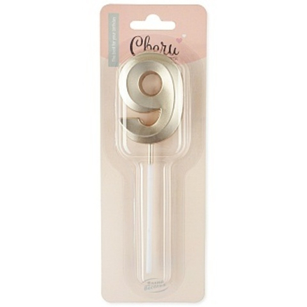 Свеча Цифра 9 Грани Белое Золото Металлик 3,5*5 + 7 см.