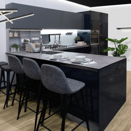 Комплект кухонной мебели с островом Lube Clover, цвет серый, комплект бытовой техники включает в себя встраиваемый холодильник с морозильной камерой, смеситель, духовой шкаф, варочную поверхность и посудомоечную машину, 49327