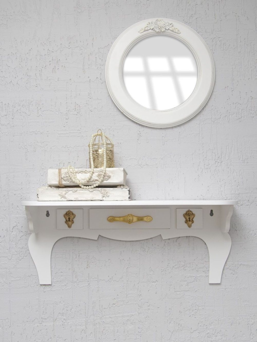 Полка  "Комодик" серая с лепниной и белой патиной, 50х15см.